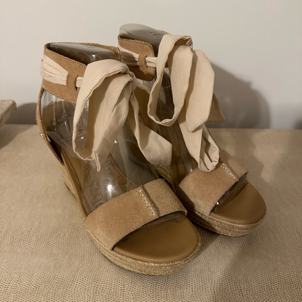 UGG Tan Suede Wedge Sandals with Cream Ankle Tie